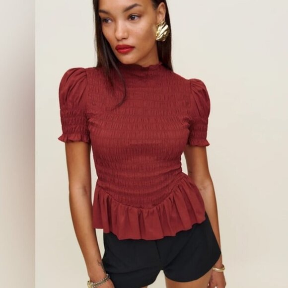 Reformation Tops - NEW Reformation Aggie Short Sleeve Top Rubies Dark Red Smocked Top | size XS